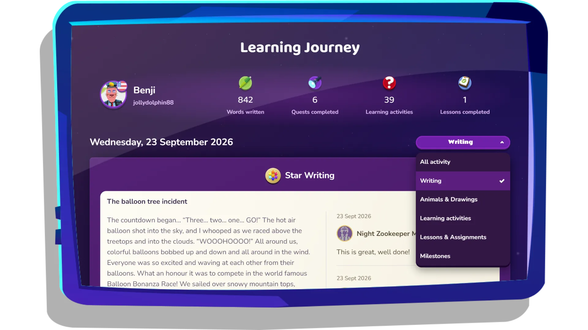Learning Journey showing recent writing and the activity menu