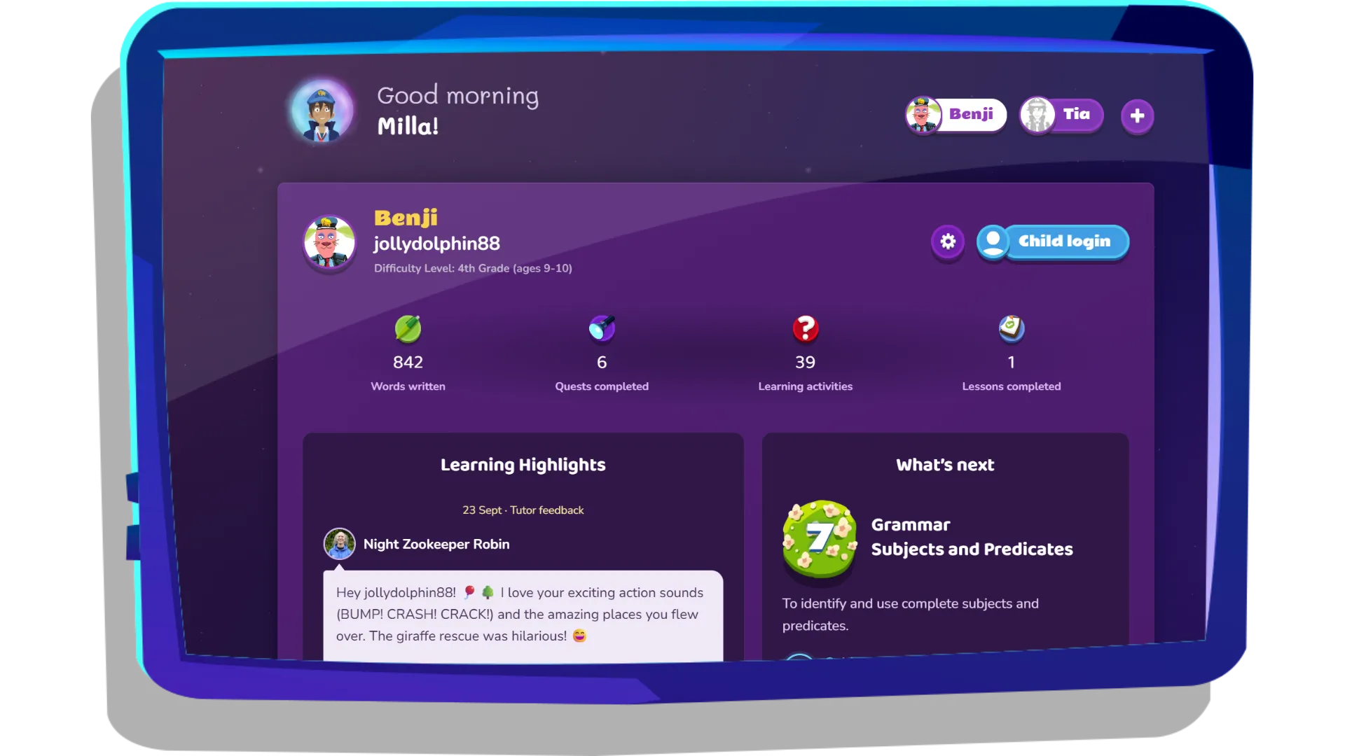 Dashboard overview showing your child’s recent activity and learning highlights