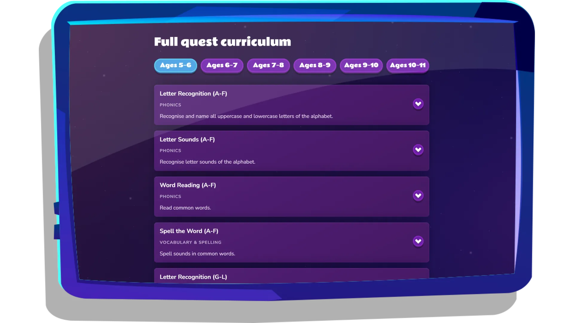 Full Quest Curriculum with age-group tabs and learning topics