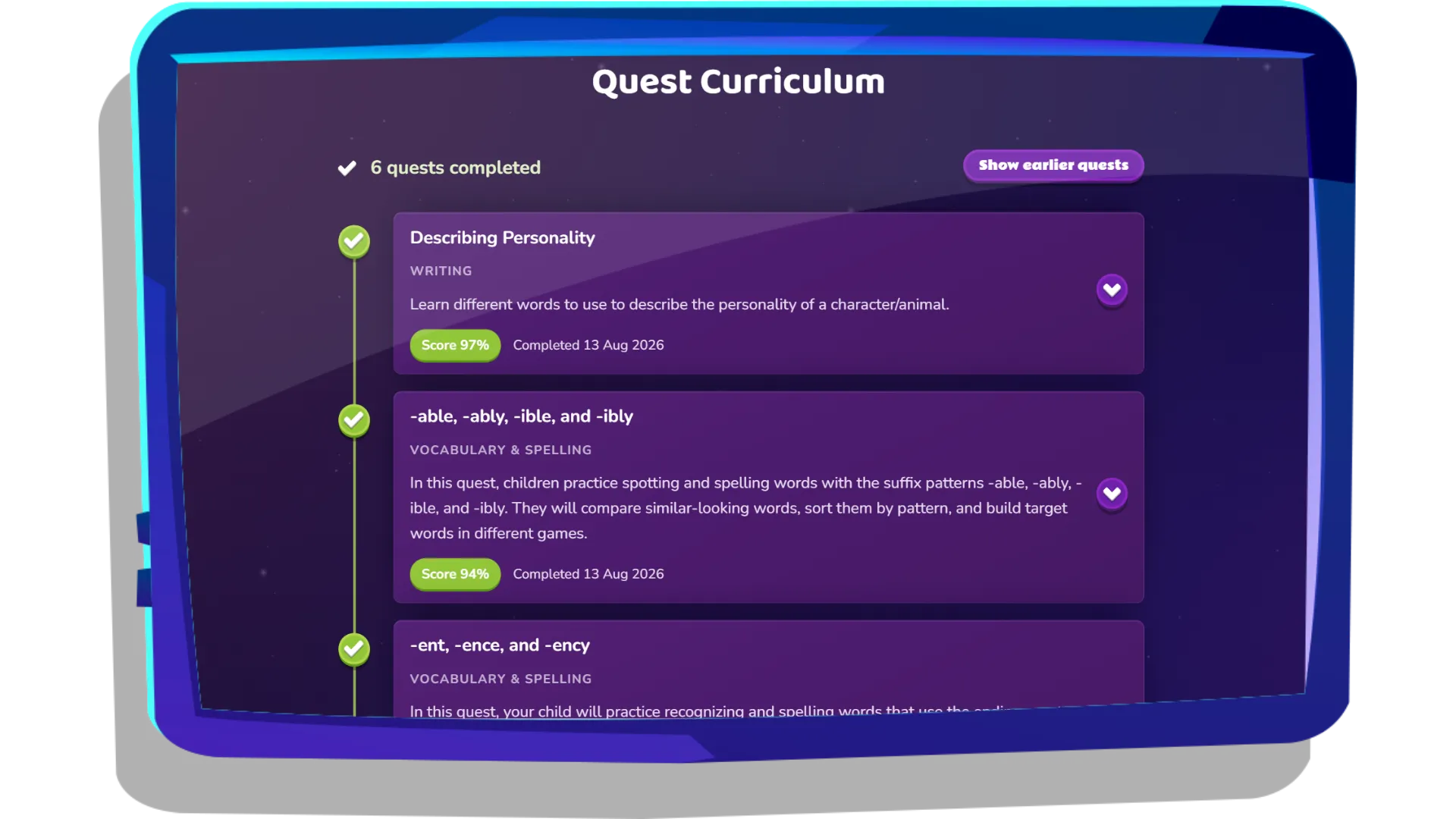 Quest Curriculum showing completed topics and percentage scores
