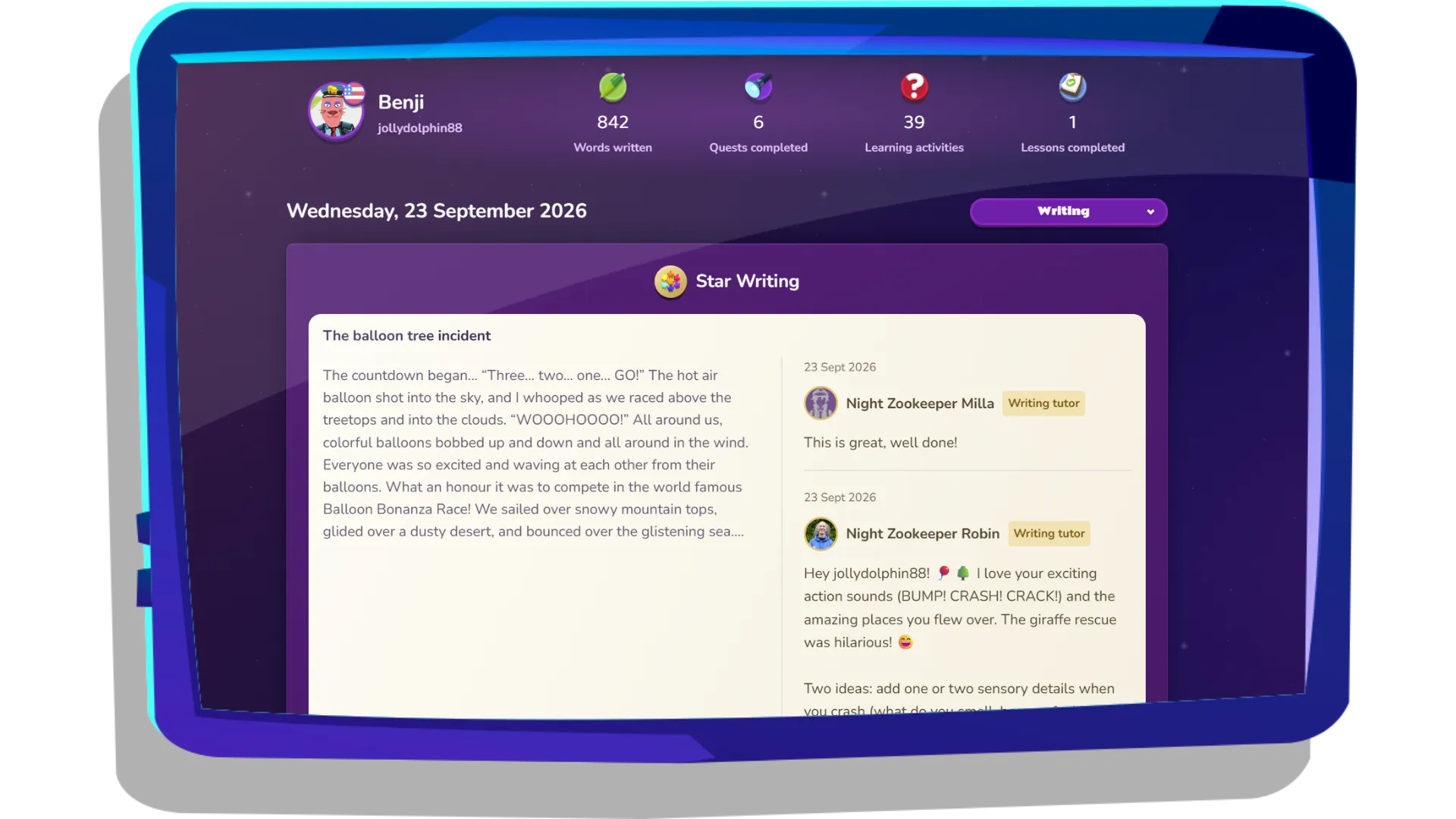 Your child’s writing with personalised tutor comments